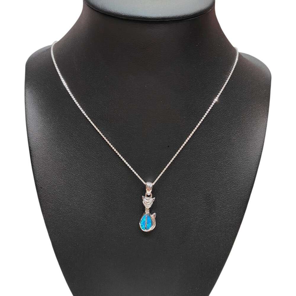 925 SILVER BLUE OPAL EGYPTIAN CAT PENDANT NECKLACE
